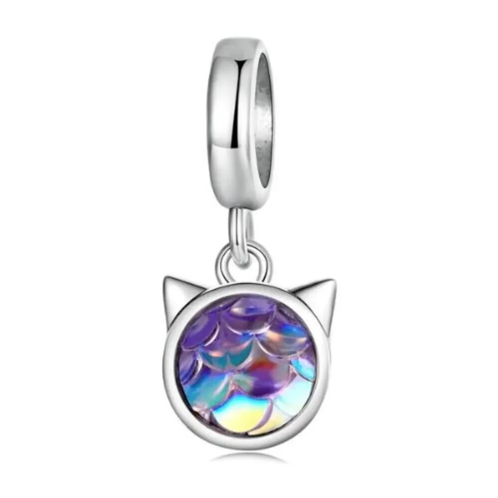 Sterling Silver 925 Spacer Bead Charm Cat Purple Blue Green